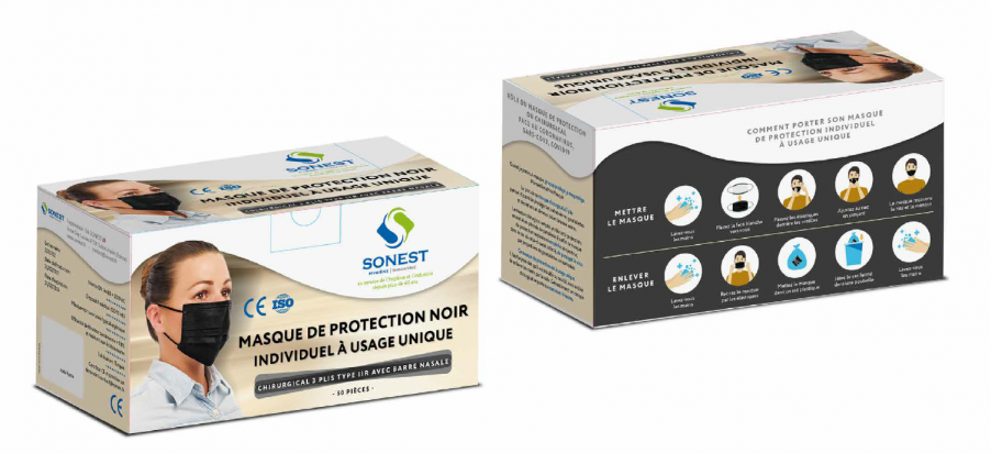 Masque de protection NOIR individuel à usage unique - Chirurgical 3 plis type II R - Norme : EN14683 + 2019 AC